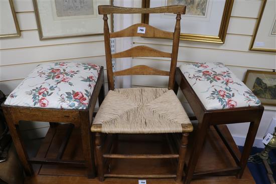 Two George III mahogany stools and an elm rush seated ladderback chair (3)